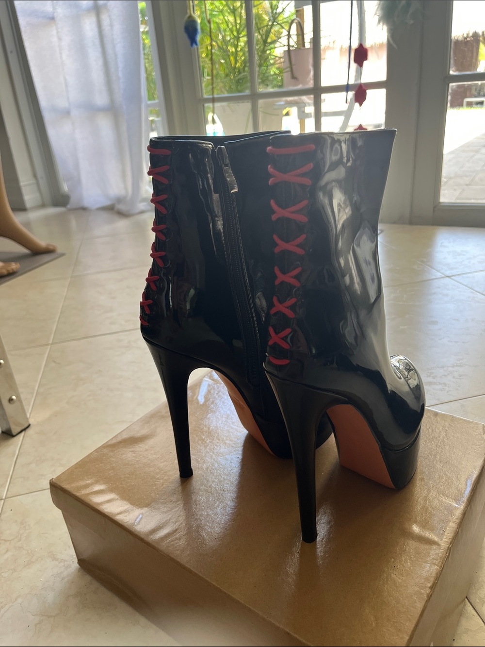 Patent Black High Heel Ankle Boots with Pink Lace Detail